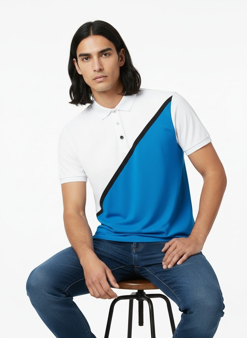 AI-generated fashion photo seated stool garment focus angle