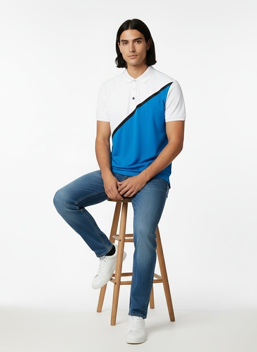 AI-generated fashion photo seated stool angle